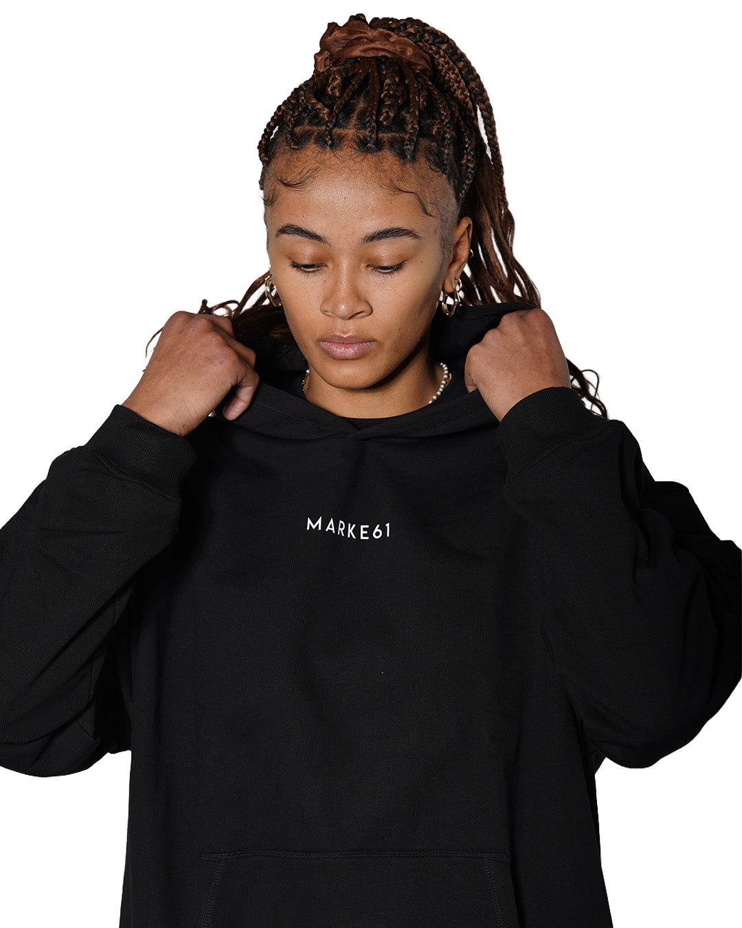 The signature Black Hoodie-Bold Back, Elegant Front